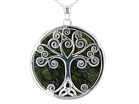 Green Connemara Marble Fairy Tree Silver Tone Pendant with Chain