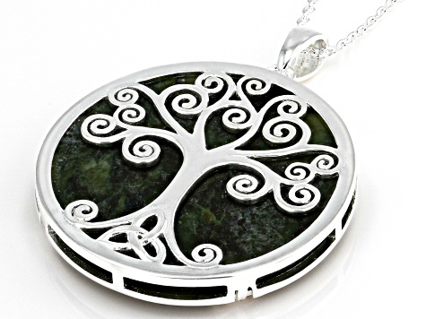 Green Connemara Marble Fairy Tree Silver Tone Pendant with Chain