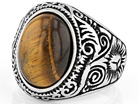 Brown Tigers Eye Stainless Steel Celtic Mens Ring