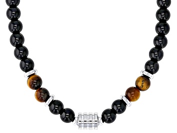 Picture of Obsidian & Tigers Eye Beaded Celtic Silver Tone Necklace