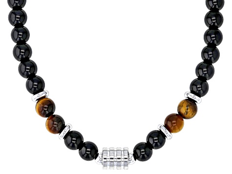 Black Onyx & Tigers Eye Beaded Celtic Silver Tone Necklace