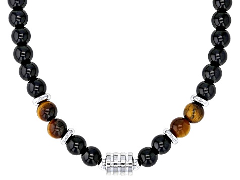 Obsidian & Tigers Eye Beaded Celtic Silver Tone Necklace