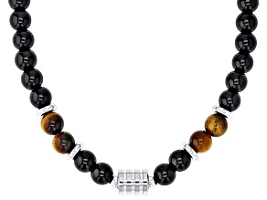 Obsidian & Tigers Eye Beaded Celtic Silver Tone Necklace