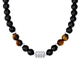 Obsidian & Tigers Eye Beaded Celtic Silver Tone Necklace