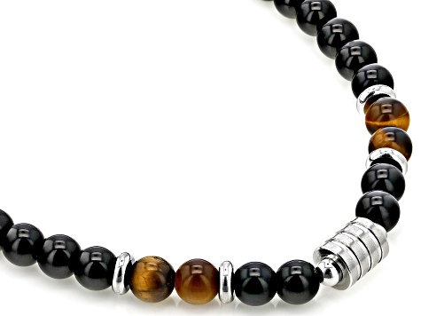 Obsidian & Tigers Eye Beaded Celtic Silver Tone Necklace