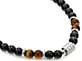Obsidian & Tigers Eye Beaded Celtic Silver Tone Necklace