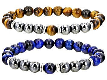 Picture of Brown & Blue Tiger's Eye with Hematine Silver Tone Set of 2 Stretch Bracelets