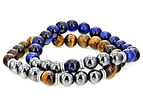 Brown & Blue Tiger's Eye with Hematine Silver Tone Set of 2 Stretch Bracelets