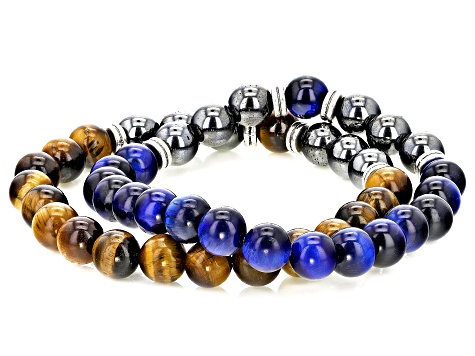 Brown & Blue Tiger's Eye with Hematine Silver Tone Set of 2 Stretch Bracelets