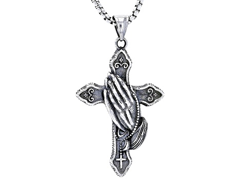 Stainless Steel "Praying Hands" Cross Pendant With Chain