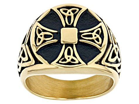 Viking Cross with Trinity Knot Gold Tone Stainless Steel Men's Ring