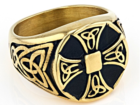 Viking Cross with Trinity Knot Gold Tone Stainless Steel Men's Ring