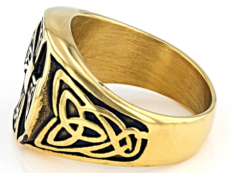 Viking Cross with Trinity Knot Gold Tone Stainless Steel Men's Ring