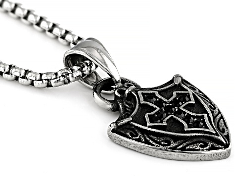 Black Glass Stainless Steel "Protection Shield" Pendant With Chain