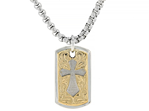 Two-Toned Stainless Steel Cross Pendant With Chain