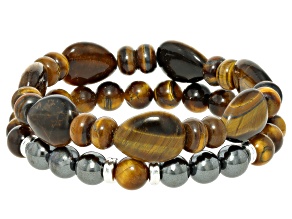 Brown Tigers Eye With Hematite Silver Tone Stretch Bracelets Set of 2