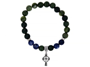 Connemara Marble With Agate Silver Tone Celtic Cross Charm Stretch Bracelet