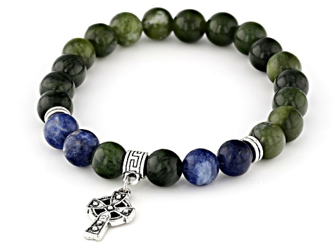 Connemara Marble With Agate Silver Tone Celtic Cross Charm Stretch Bracelet