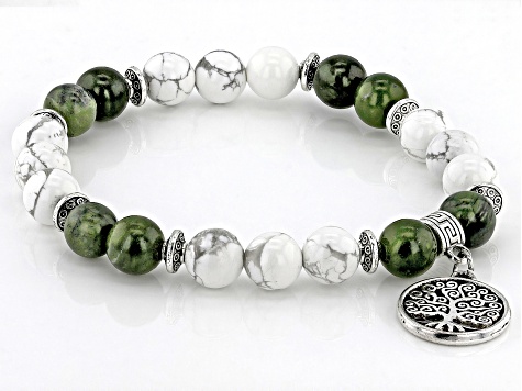 Magnesite With Connemara Marble Silver Tone Tree Of Life Charm Stretch Bracelet