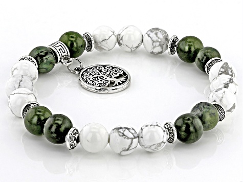 Magnesite With Connemara Marble Silver Tone Tree Of Life Charm Stretch Bracelet