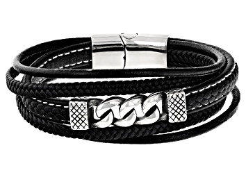 Picture of Black Faux Leather & Stainless Steel Bracelet
