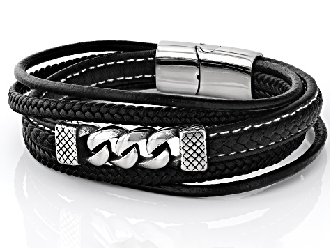 Black Faux Leather & Stainless Steel Bracelet