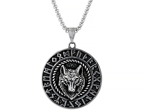 Stainless Steel Viking Wolf & Runes Alphabet Pendant With Chain