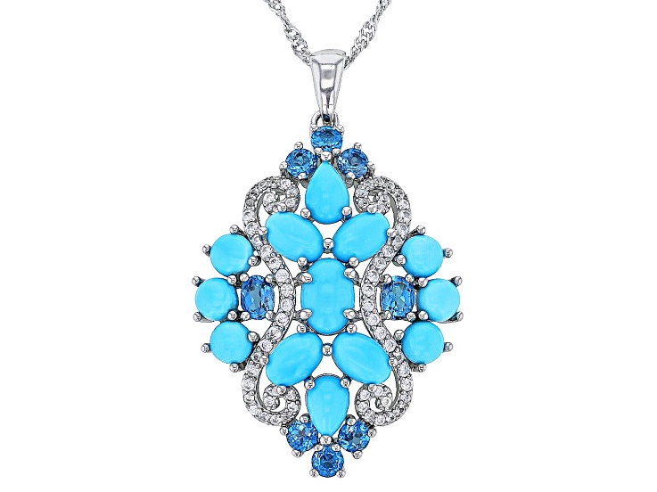 Blue Sleeping Beauty Turquoise Rhodium Over Silver Pendant With Chain