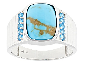 Picture of Kingman Turquoise Rhodium Over Sterling Silver Men's Ring 0.35ctw