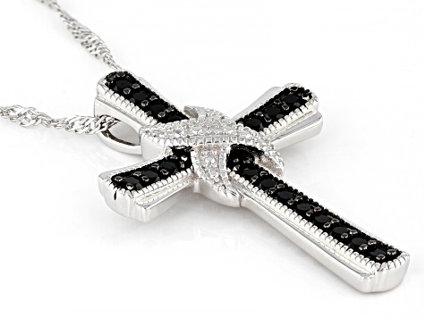Black Spinel Rhodium Over Sterling Silver Cross Pendant With Chain 0.73ctw