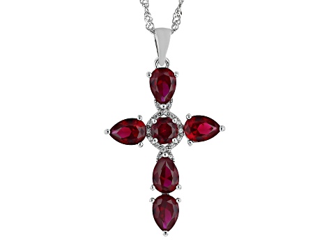 Red Lab Created Ruby Rhodium Over Silver Cross Pendant With Chain 4 ...