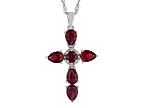 Red Lab Created Ruby Rhodium Over Silver Cross Pendant With Chain 4.00ctw
