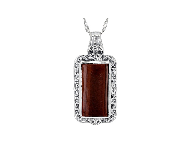 Men's Oxidized Sterling Silver Dog Tag Necklace in Brown Tiger's Eye