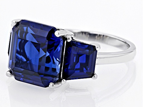 Blue Lab Created Sapphire Rhodium Over Sterling Silver 3-Stone Ring 10.54ctw