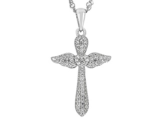 White Lab Created Sapphire Rhodium Over Sterling Silver Cross Pendant With Chain .50ctw