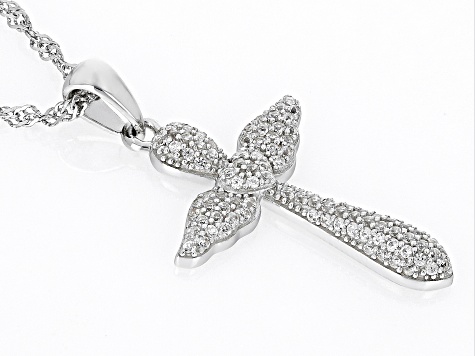 White Lab Created Sapphire Rhodium Over Sterling Silver Cross Pendant With Chain .50ctw
