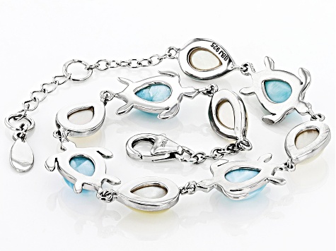 Blue Larimar Rhodium Over Sterling Silver Sea Turtle Bracelet