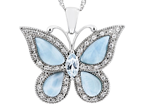 Larimar Rhodium Over Sterling Silver Butterfly Pendant With Chain 1.03ctw