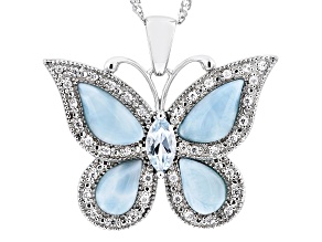 Blue Larimar Rhodium Over Sterling Silver Butterfly Pendant With Chain 1.03ctw