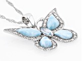 Larimar Rhodium Over Sterling Silver Butterfly Pendant With Chain 1.03ctw