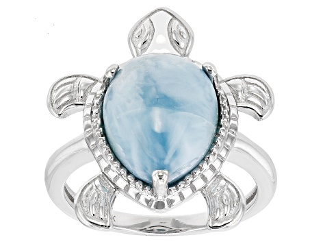 Larimar Rhodium Over Sterling Silver Sea Turtle Ring