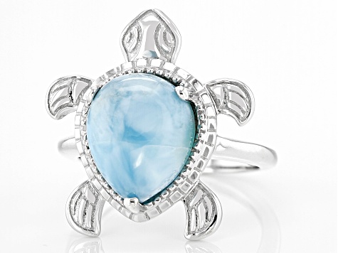 Larimar Rhodium Over Sterling Silver Sea Turtle Ring