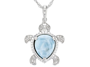 Blue Larimar Rhodium Over Sterling Silver Sea Turtle Pendant With Chain