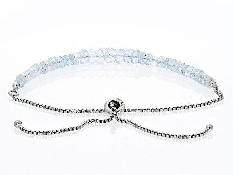 Blue Santa Maria Aquamarine Rhodium Over Sterling Silver Bolo Beaded Bracelet