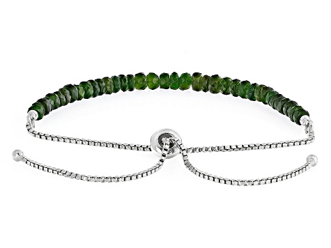 Green Diopside Rhodium Over Sterling Silver Beaded Bolo Bracelet