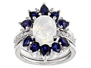 Rainbow Moonstone Rhodium Over Sterling Silver Ring Set Of 3 1.72ctw