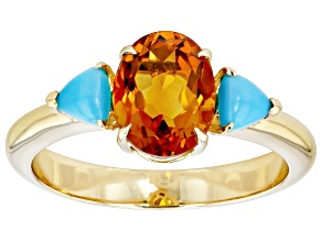 Madeira Citrine with Turquoise 18k Yellow Gold Over Sterling Silver Ring 1.53ct