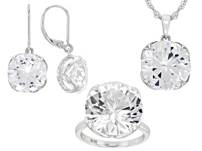 White Lab Created Sapphire Rhodium Over Sterling Silver Ring, Earrings, Pendant Chain Set 43.90ctw