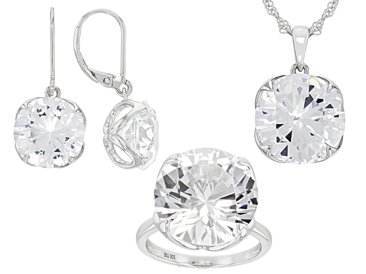 White Lab Created Sapphire Rhodium Over Sterling Silver Ring, Earrings,  Pendant Chain Set 43.90ctw