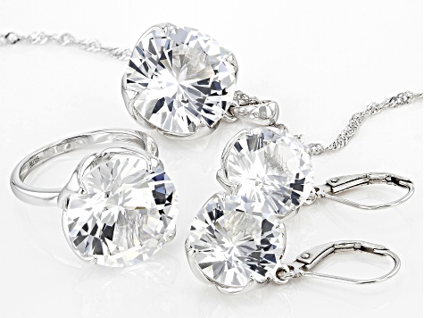 White Lab Created Sapphire Rhodium Over Sterling Silver Ring, Earrings, Pendant Chain Set 43.90ctw